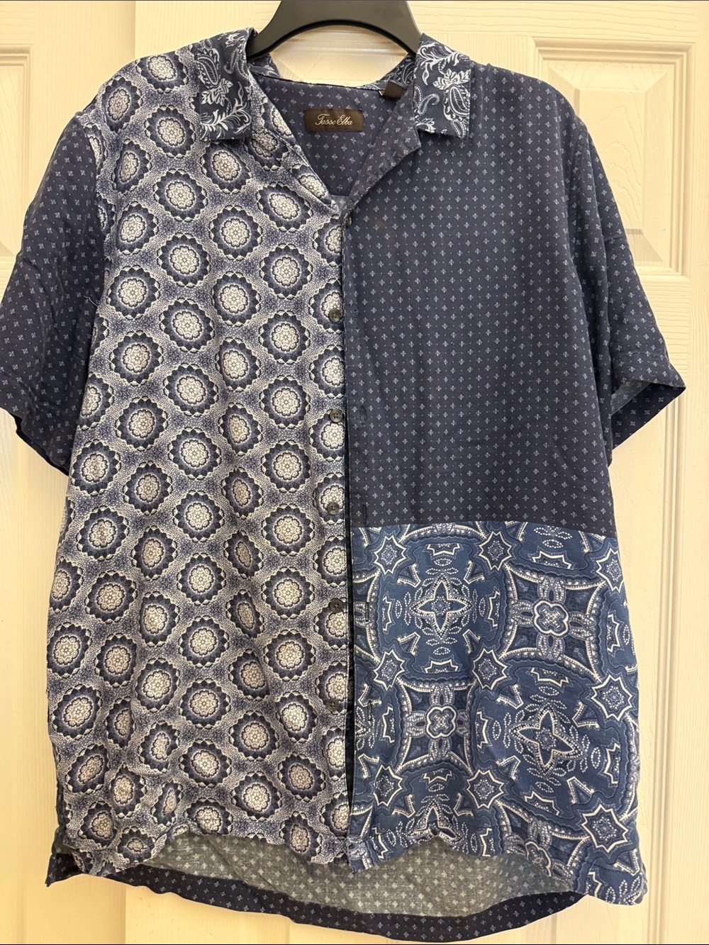 Tasso Elba Blue Patchwork Short-Sleeve Button-Down Shirt